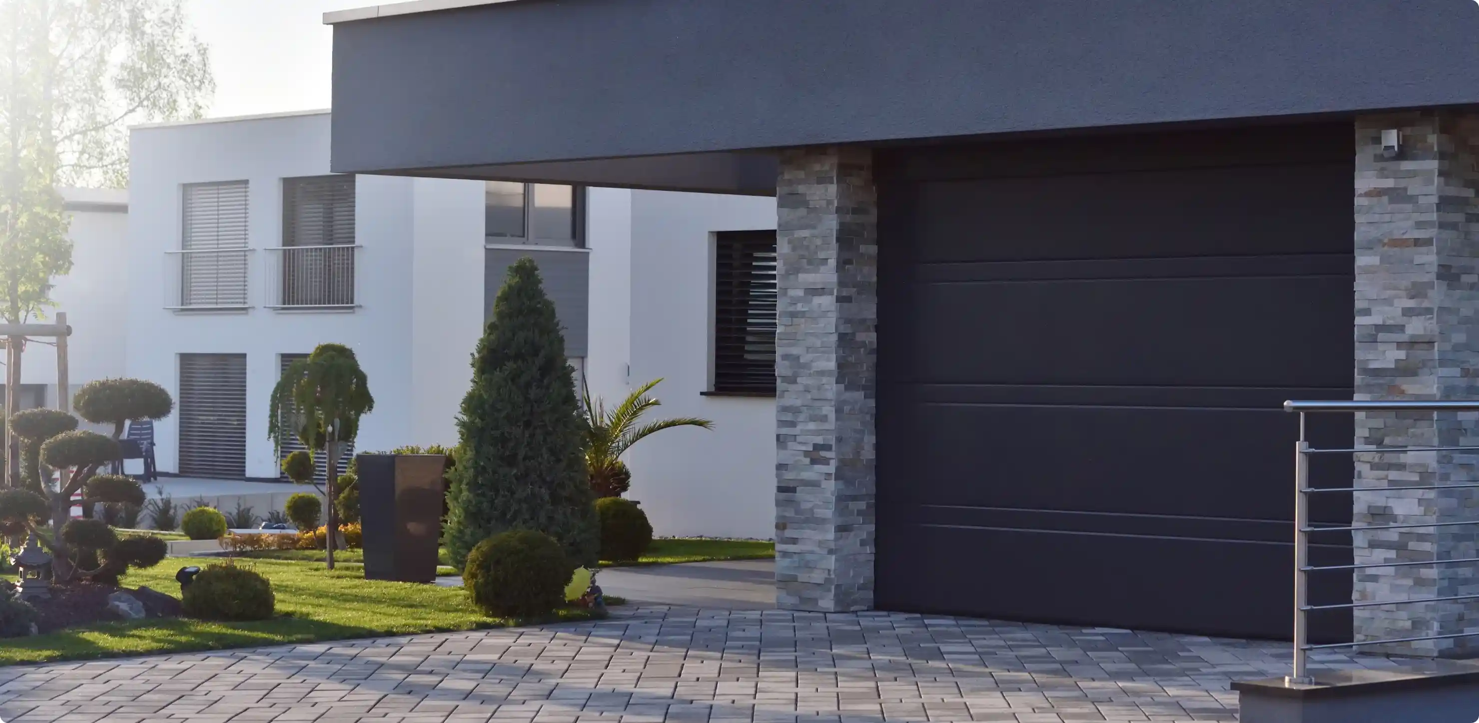 five garages with garage doors