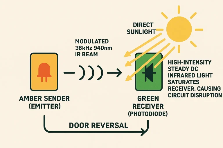 This diagram illustrates how the garage door’s safety sensor works by sending a pulsed infrared beam and how intense direct s