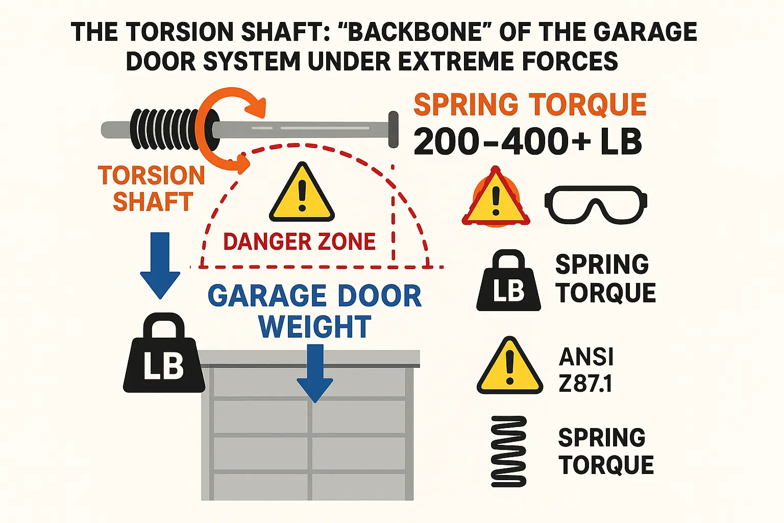This visual explains how the torsion shaft supports immense mechanical torque and the critical safety risks involved if it bends or sags. Understanding these forces highlights why DIY repairs pose serious injury hazards.