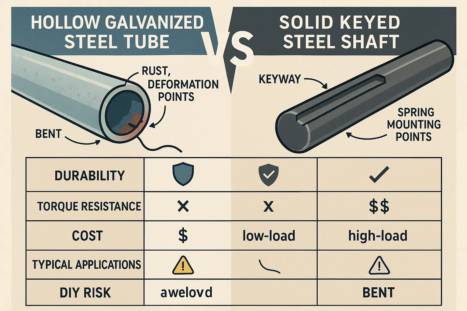 This side-by-side visualization helps you remember key differences between hollow and solid torsion shafts, clarifying why solid keyed shafts outperform hollow tubes in durability and safety.