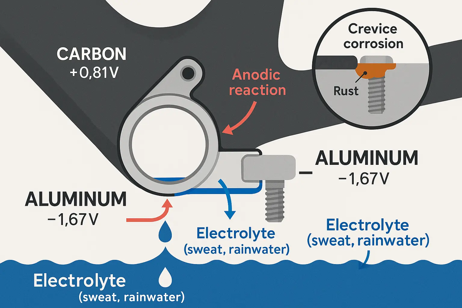 Galvanic and crevice corrosion occur where dissimilar metals meet in the presence of electrolyte-rich fluids, causing bottom bracket cable guide bolts to seize and damage the frame.