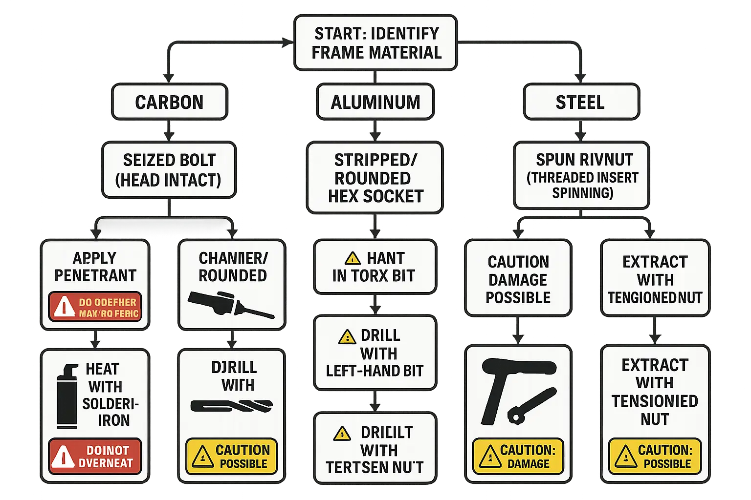 A safety-first, structured extraction masterclass flowchart helps users diagnose and safely remove seized or stripped bottom bracket cable guide bolts based on frame type and failure severity.