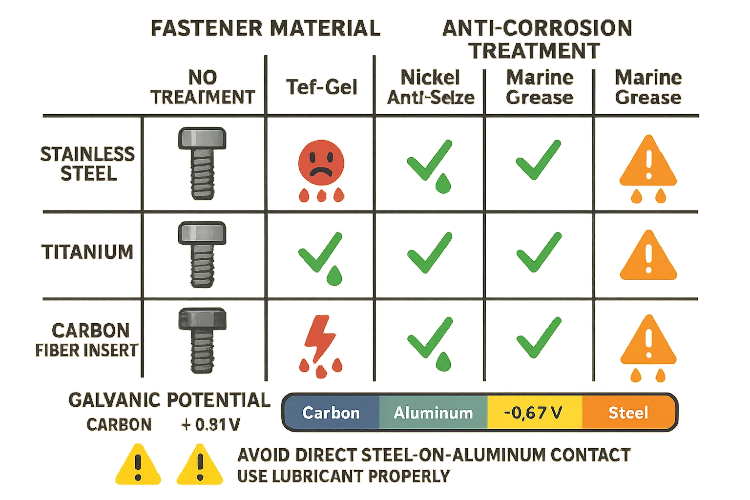 Prevent corrosion before it starts with the right fastener and treatment choices—this matrix makes it easy to remember which materials and anti-seize options provide optimal protection.