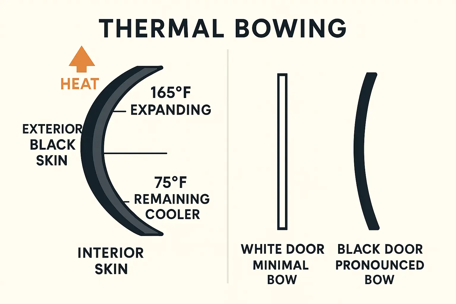 Visualizing how intense heat absorption causes the black carriage garage door's exterior panel to expand more than the interior, creating mechanical bowing that can lead to installation and operational issues.