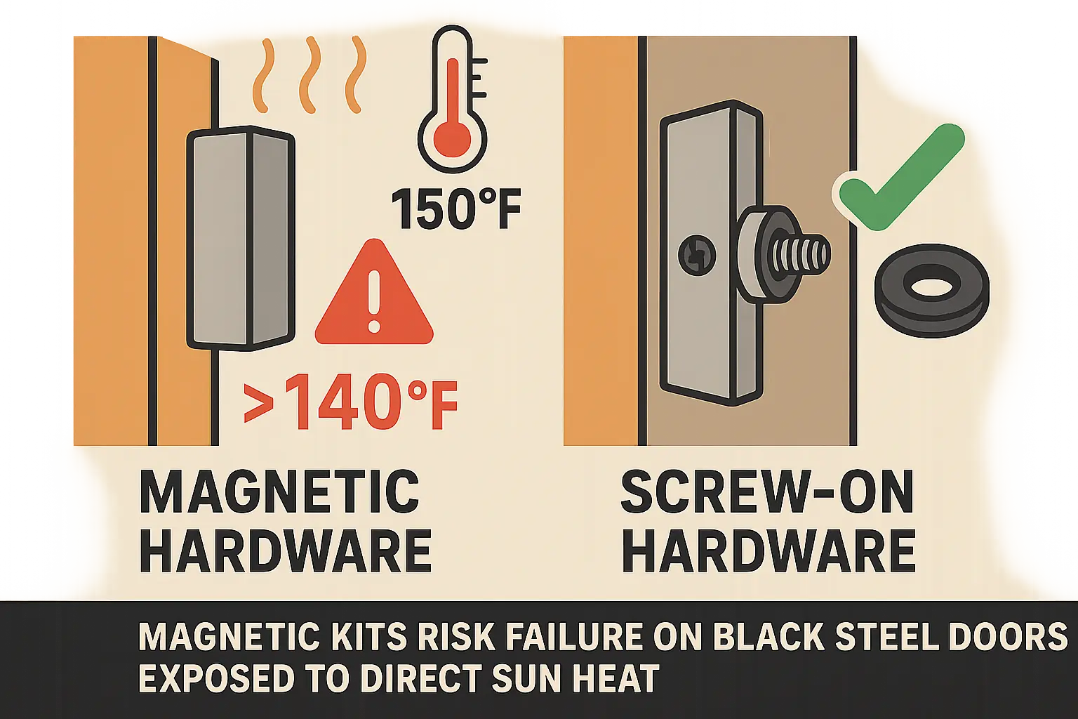 This infographic anchors key technical considerations for hardware installation on black steel doors by contrasting the thermal risk of magnetic kits versus the secure, warranty-safe screw-on method with rubber washers.