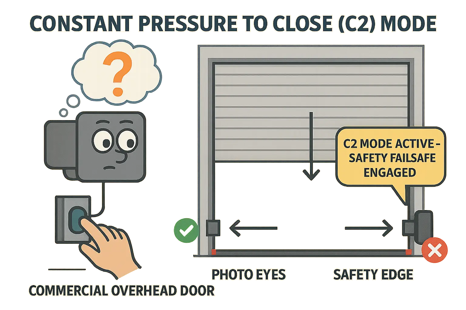 This diagram clarifies the Constant Pressure to Close (C2) mode—a UL 325 mandated safety feature—that keeps a commercial overhead door open when safety sensors fail and only allows closing by holding the button, protecting people and equipment from accidents.