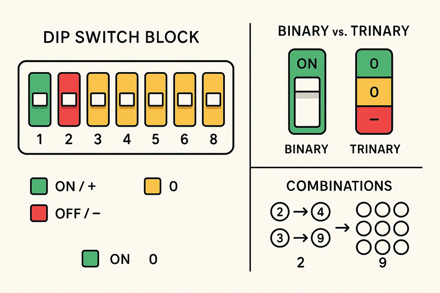 Visual comparison of binary vs. trinary dip switch coding systems, highlighting how dip switches on garage door remotes set security codes by toggling ON/OFF or +/0/- positions.