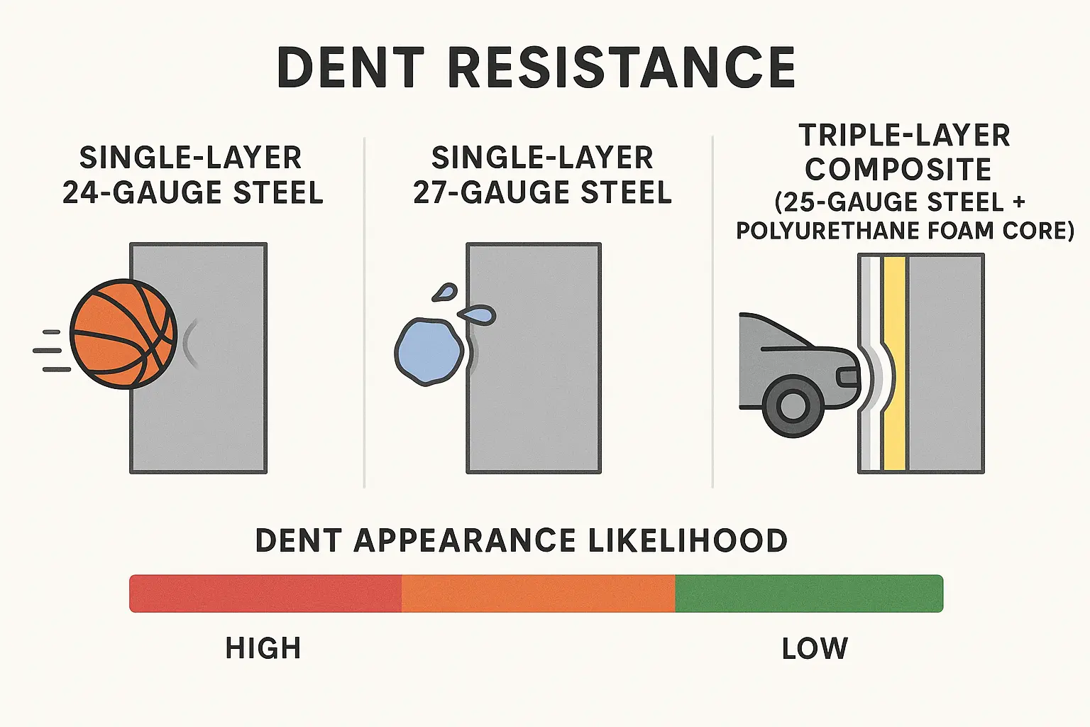 Triple-layer composite doors with 25-gauge steel and foam backing absorb impacts better and resist dents more effectively than single-layer steel, despite thinner gauge steel.