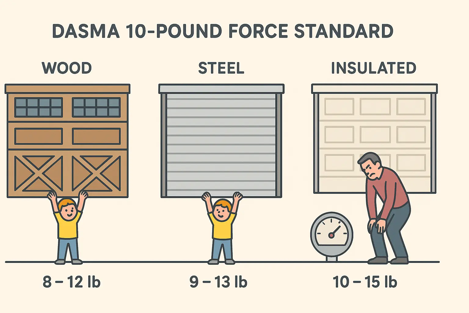 The DASMA 10-Pound Rule explains that a properly balanced garage door requires no more than 10 to 15 pounds of lifting force, making it light enough for a child to lift safely. This infographic clarifies how door weight and balance affect manual operation ease.