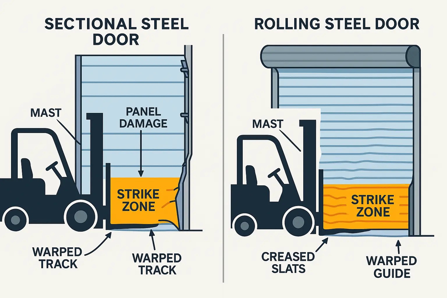 Visual comparison of forklift impact effects on sectional vs. rolling steel dock doors demonstrating different damage patterns in the critical bottom 48 inches strike zone.