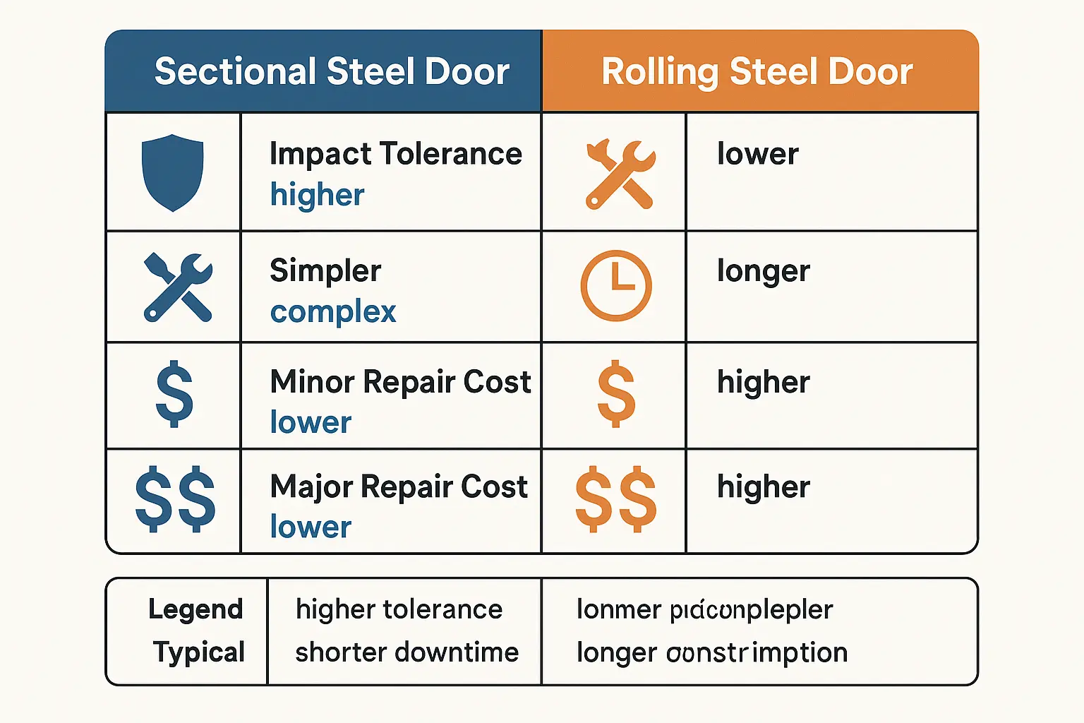 At-a-glance comparison chart highlighting critical differences in repair costs, downtime, and complexity between sectional and rolling steel dock doors post forklift damage.