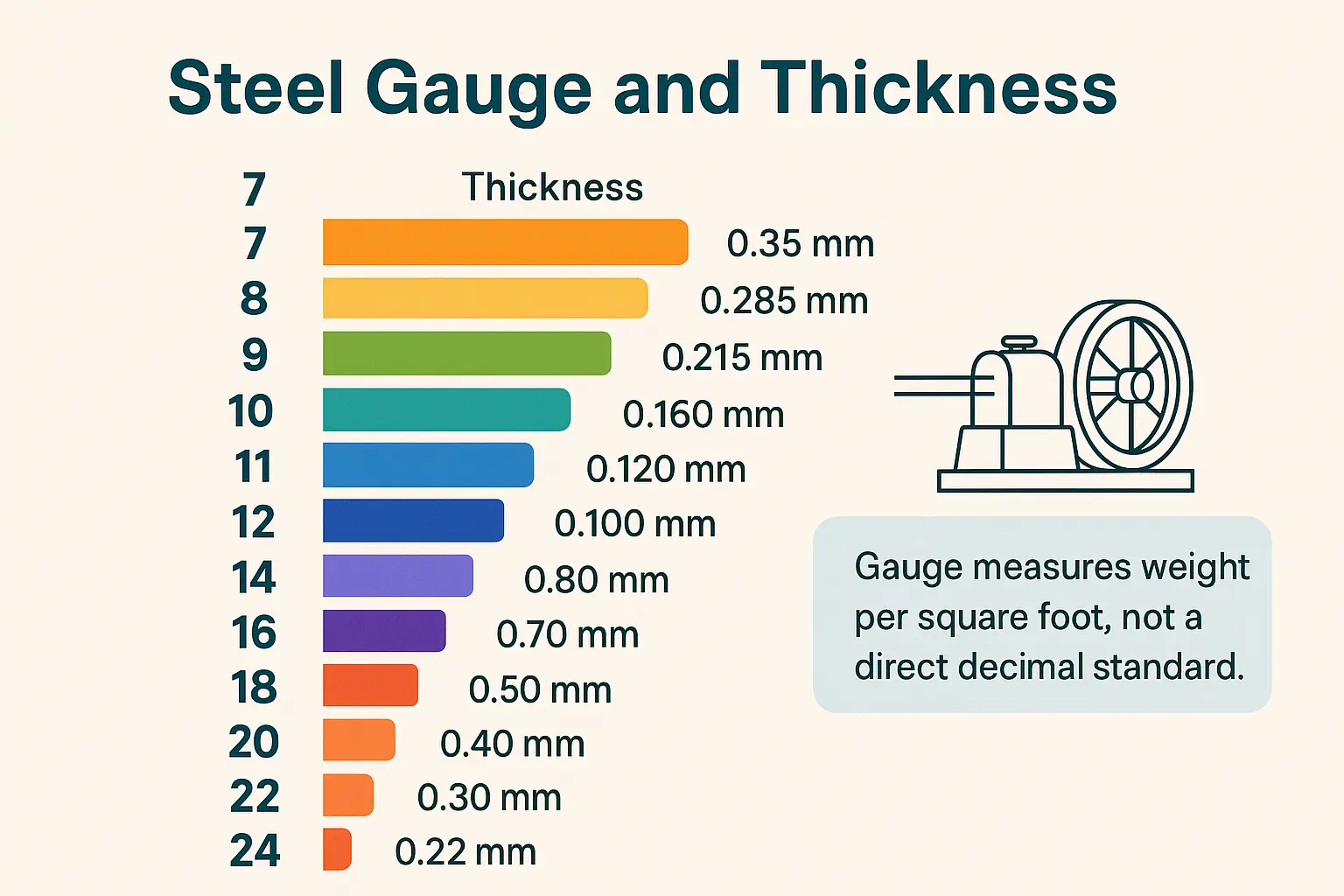 Steel Gauge Explained: The lower the gauge number, the thicker the steel. This inverse scale originated from historical wire-drawing practices where gauge numbers represent weight per square foot, not direct thickness.