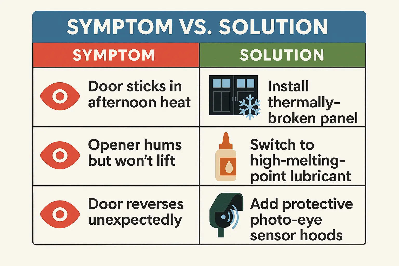 A handy troubleshooting matrix linking key black carriage garage door symptoms caused by heat or hardware issues with practical, easy solutions to maintain performance.