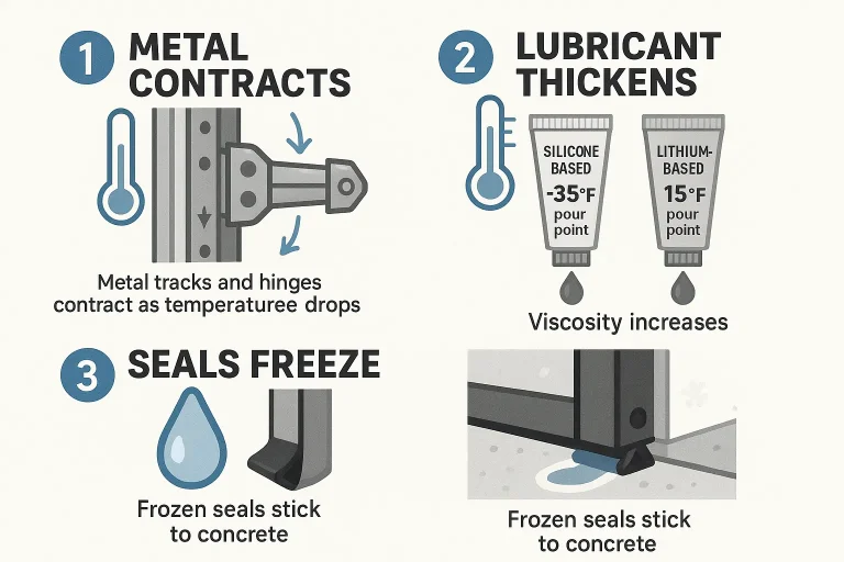 This step-by-step infographic explains how cold temperatures shrink metal parts, thicken lubricants, and freeze weather seals