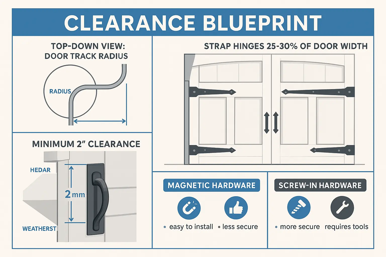 A practical guide visualizing how to properly size and space decorative carriage door hardware to avoid track interference and ensure smooth door operation.