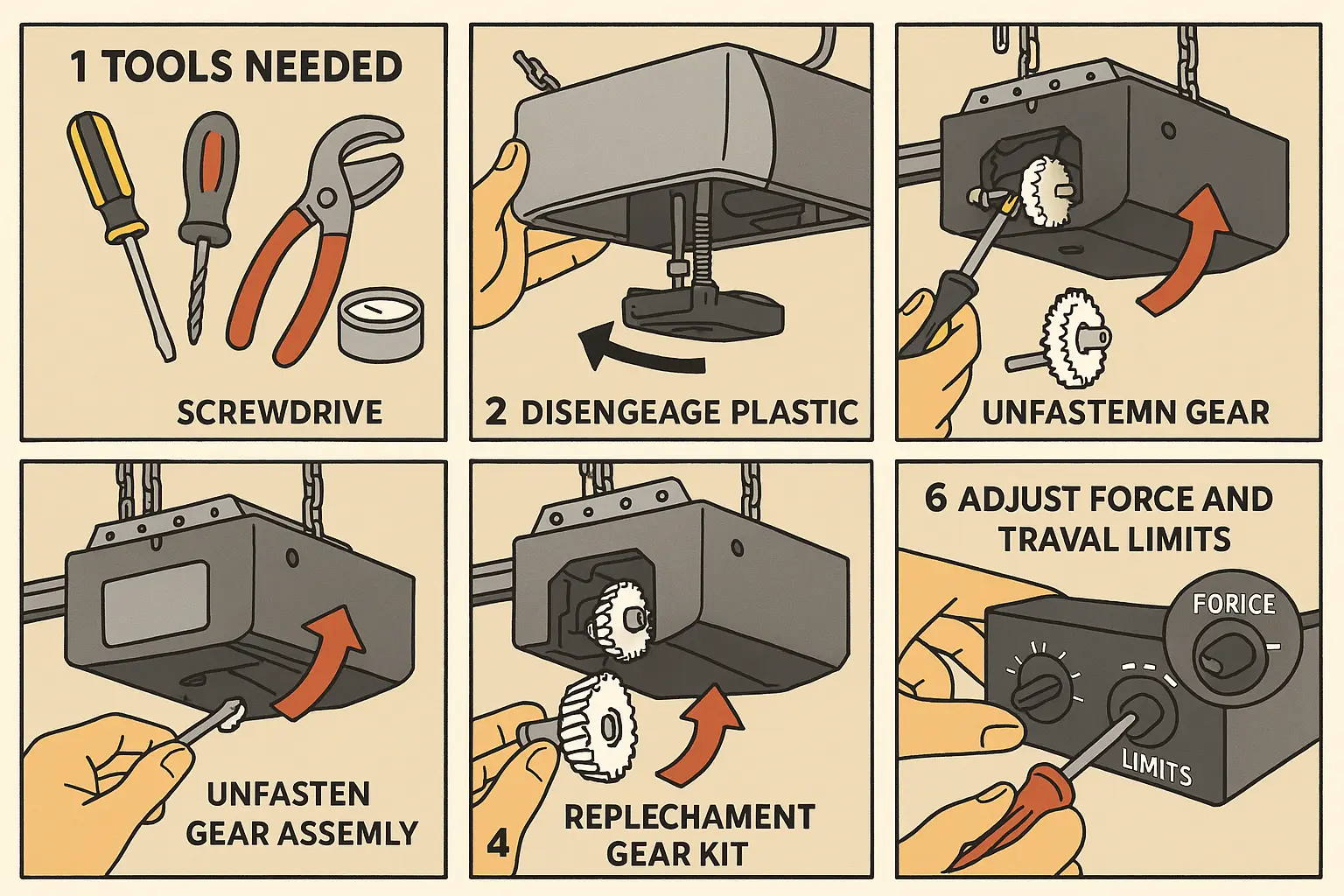 Stepwise visuals demystifying the pro trick of replacing opener gears while leaving the unit hanging, saving time and effort for DIYers.