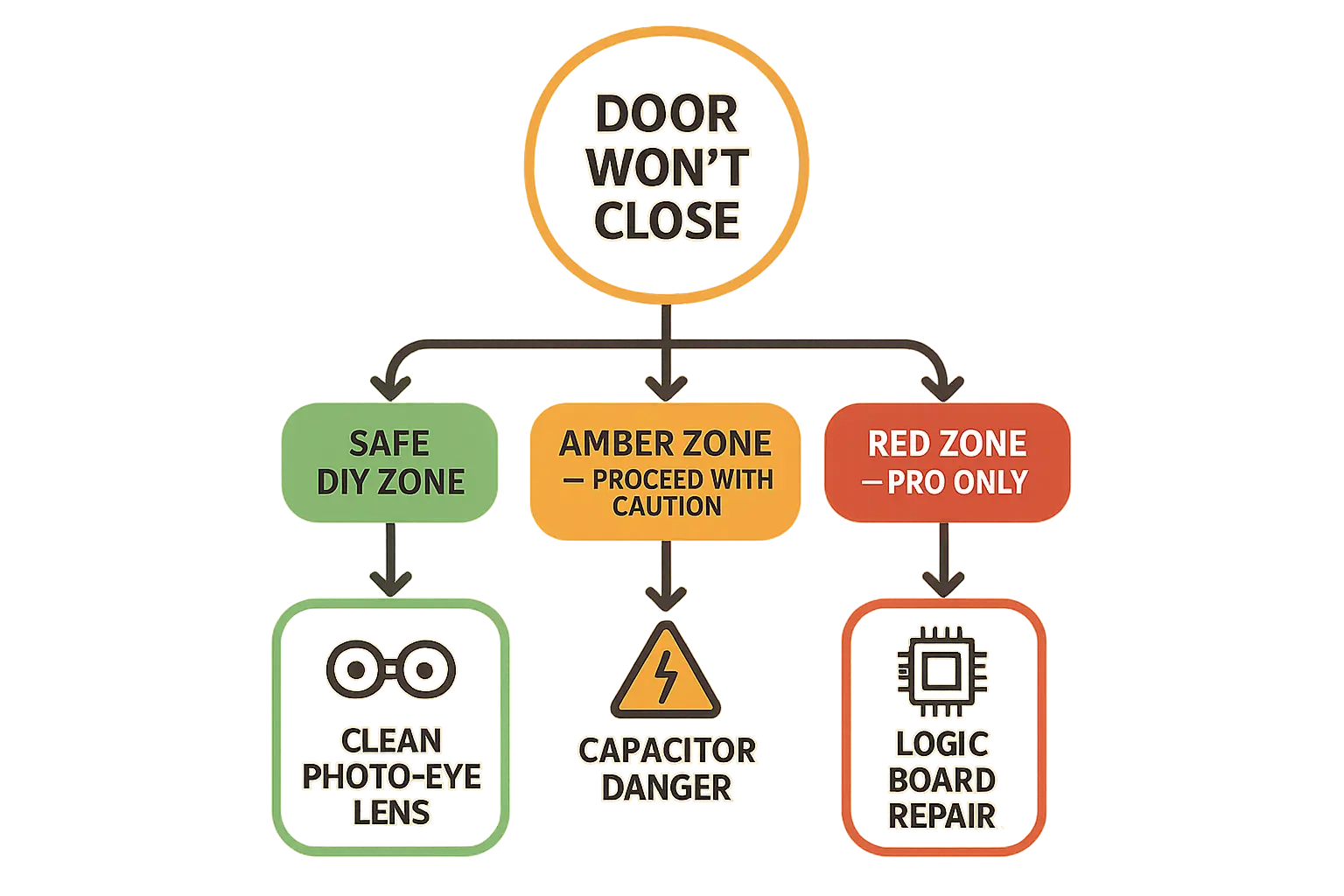 Garage door safety sensors must be installed no higher than 6 inches to protect children and pets, with polarized wiring correctly connected to ensure reliable operation and regulatory compliance.