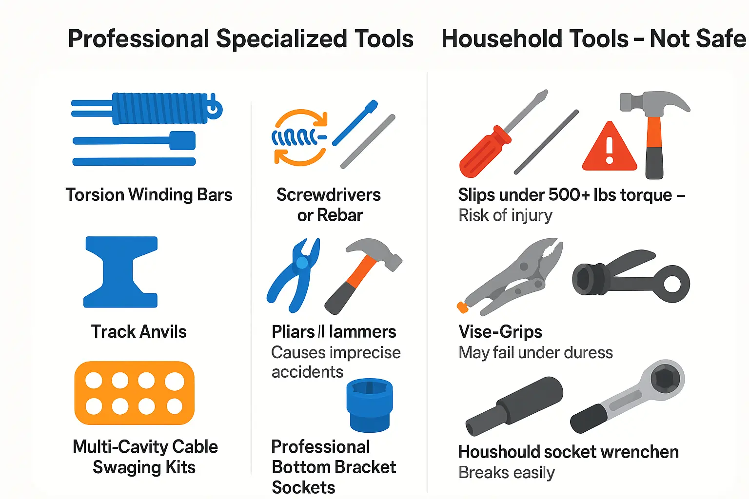 This infographic reveals why specialized garage door tools outperform household tools, highlighting the safety risks and mechanical inefficiencies of DIY improvisation.