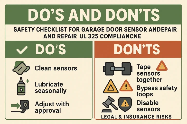 This safety checklist visually reminds homeowners of legal and insurance risks of bypassing garage door sensors and highlight