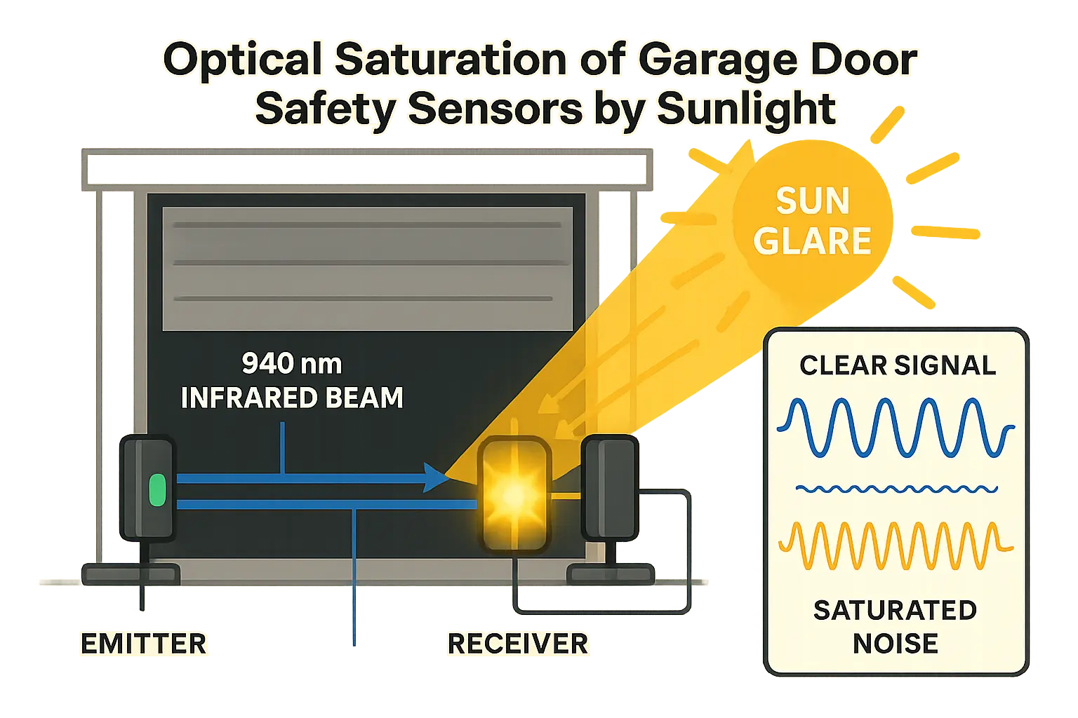 This illustration explains how direct sunlight at 940 nm wavelength saturates the garage door safety sensor's receiver, causing signal interference that prevents the door from closing safely on sunny afternoons.