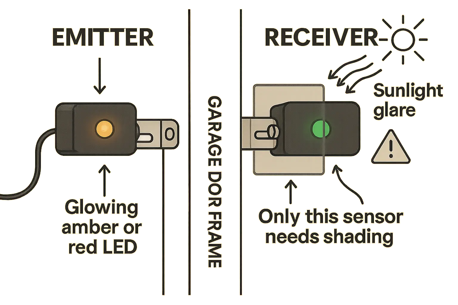Use this guide to quickly find the garage door receiver sensor with the green LED, which is the only sensor affected by sun glare and needs shading for proper door operation.