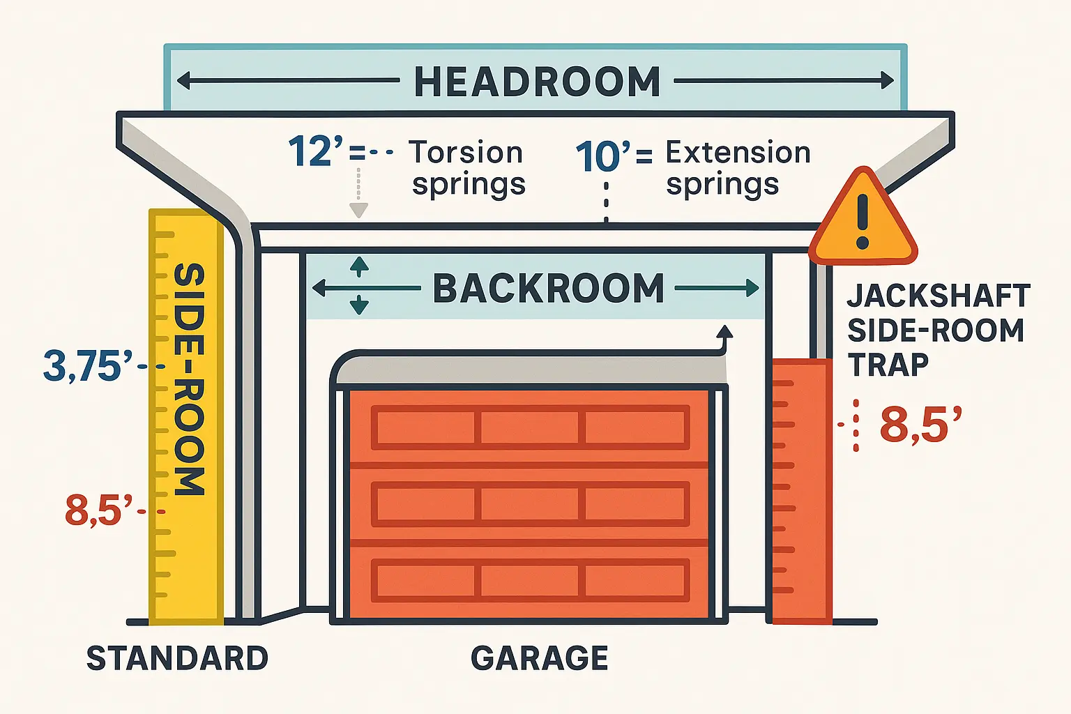 Understanding the essential clearance zones for garage doors: side room differences between standard tracks and jackshaft openers, required headroom for spring types, and needed backroom depth to avoid costly installation mistakes.