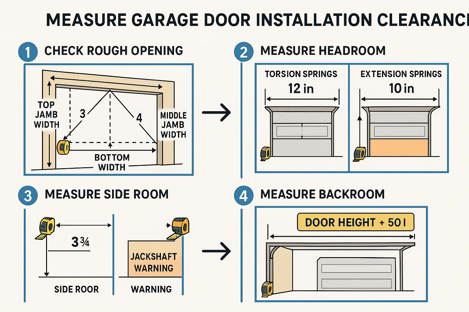 A homeowner-friendly guide to measure garage door clearances precisely: from verifying rough opening squareness to calculating side, headroom, and backroom requirements ensuring a perfect fit before ordering.