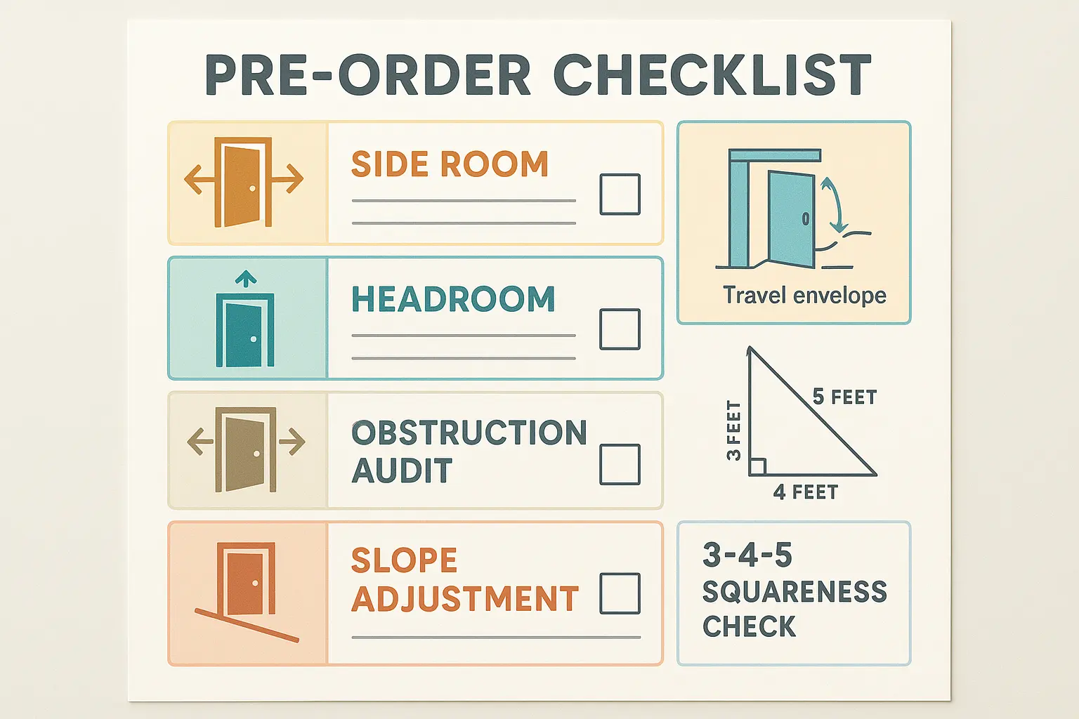 Your essential pre-order measurement checklist for garage doors: a visual memory aid consolidating key clearance checks, obstruction considerations, and squareness verification to avoid costly mistakes.