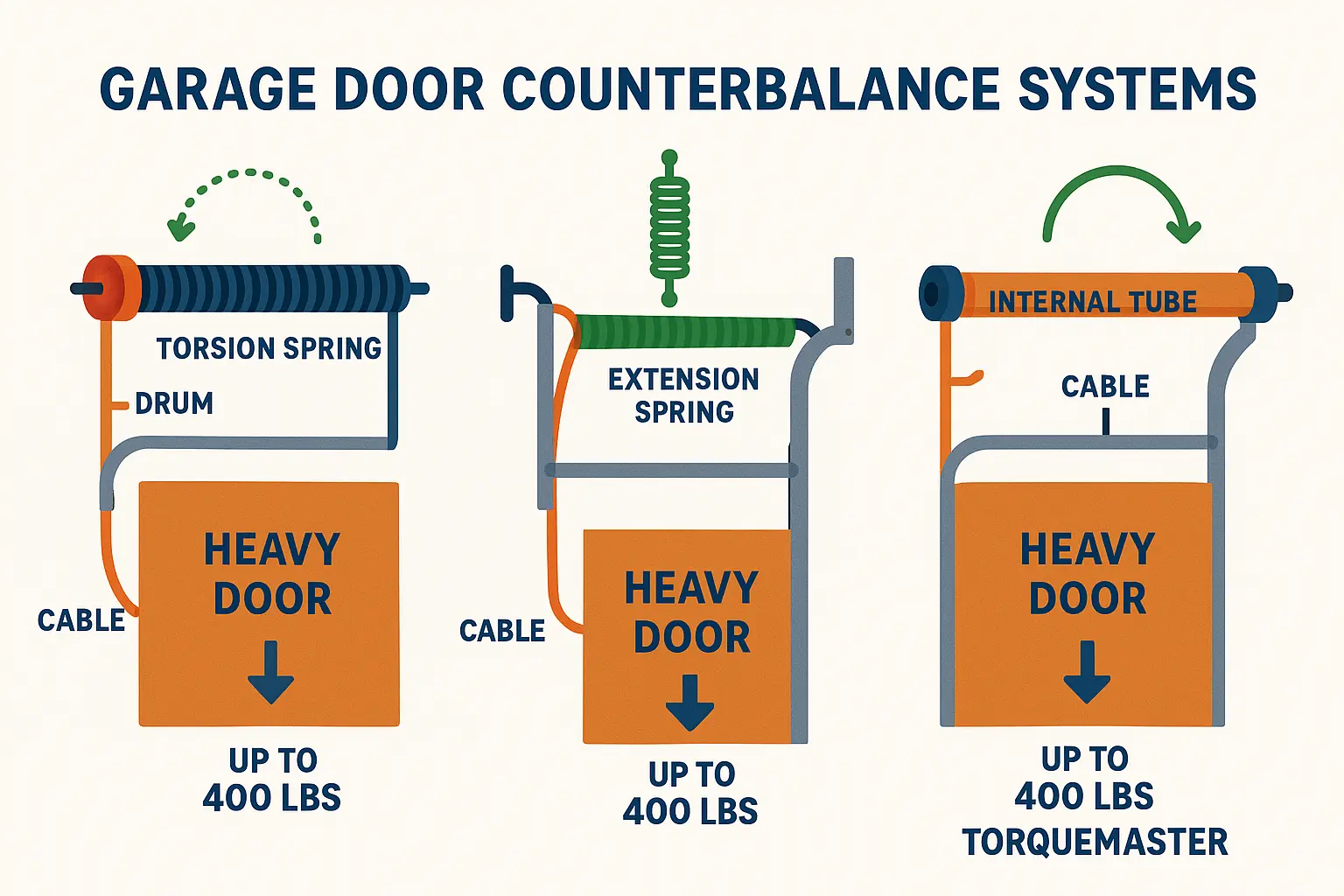 Visualizing how different garage door springs counterbalance the heavy door's weight and what happens when springs fail, to understand the physics behind sudden slamming or fast dropping.