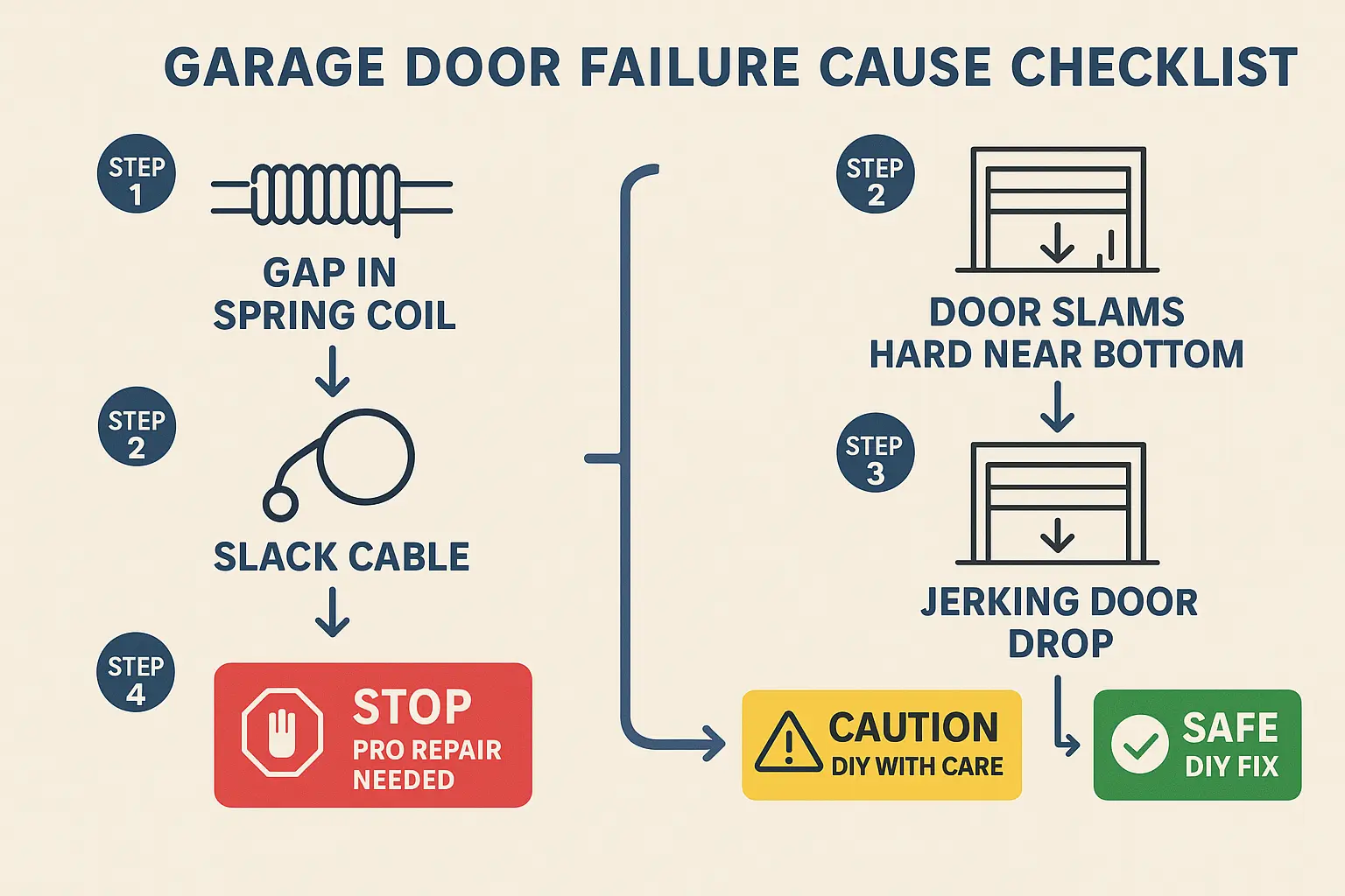 A simple 60-second visual guide to diagnose garage door problems safely, helping homeowners quickly decide if they can fix it themselves or should call a professional.