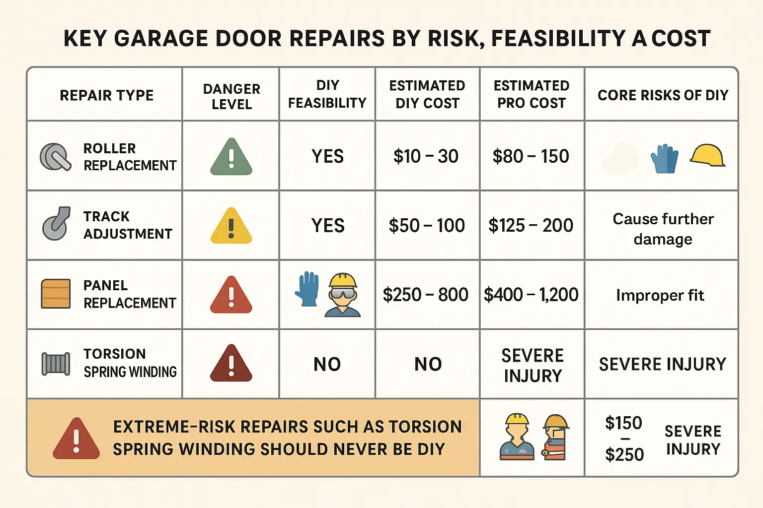 At-a-glance comparison of garage door repairs helps homeowners remember which repairs are safe for DIY and which require professional expertise due to high risk.