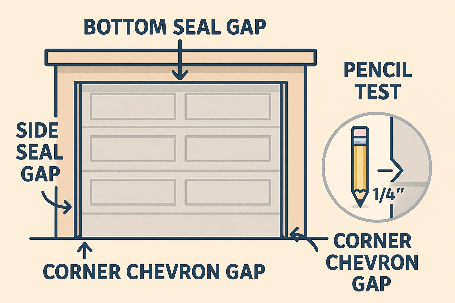 Use the 3-point Pencil Test inspection to identify vulnerable gaps under and around your garage door, especially focusing on the 'Corner Chevron Gap' where mice exploit seal weaknesses.