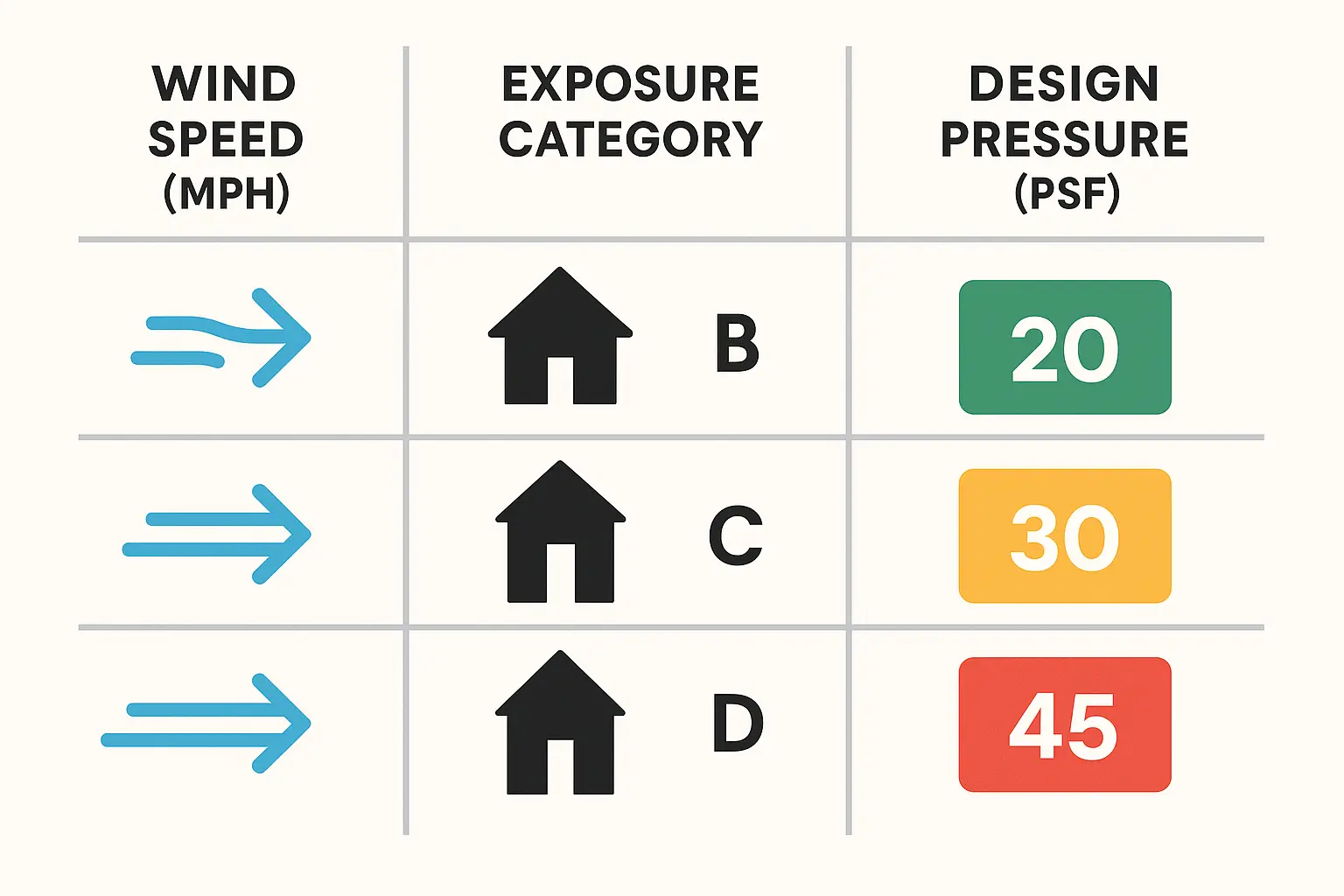 This infographic explains how the same wind speed produces different design pressures on garage doors depending on exposure environment and roof height, clarifying a key code evaluation metric.