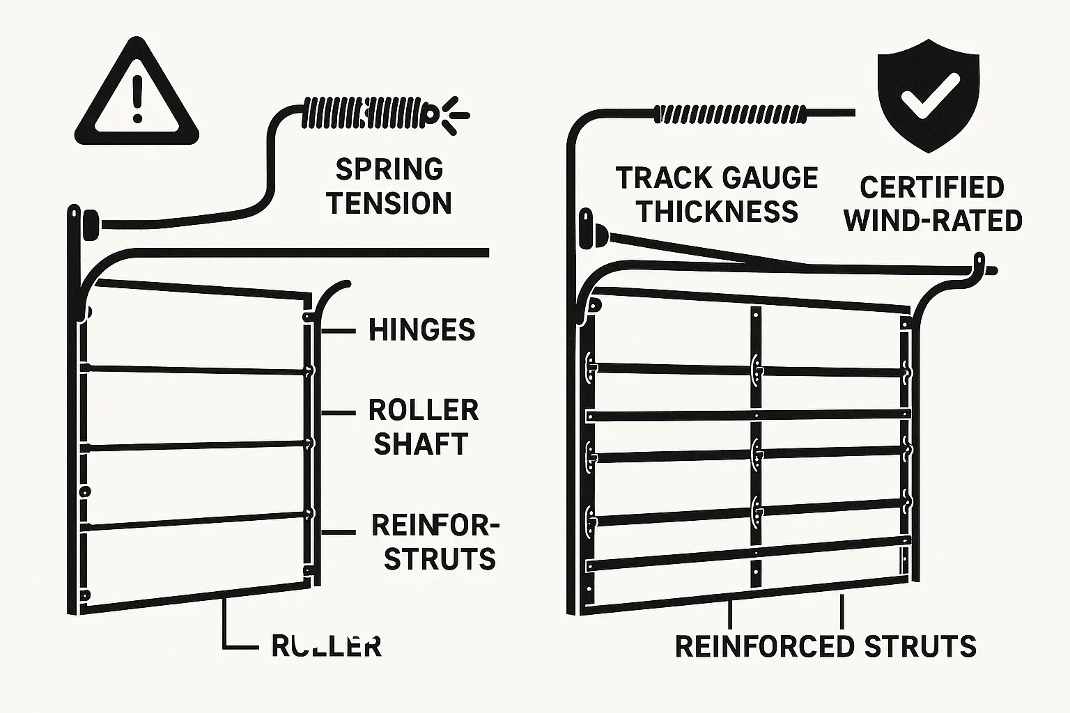 This comparison graphic visually anchors the hidden dangers of retrofitting a standard garage door to meet wind load requirements, reinforcing why a certified system is essential for safety and compliance.