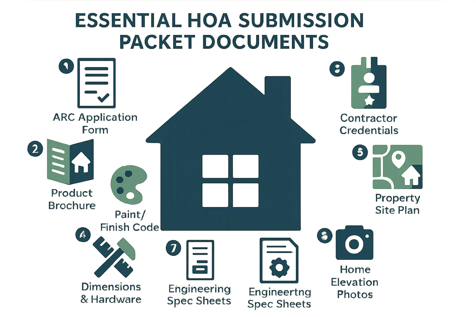 A visual blueprint of the 8-point HOA garage door approval submission packet that homeowners must assemble to ensure compliance and first-time approval.