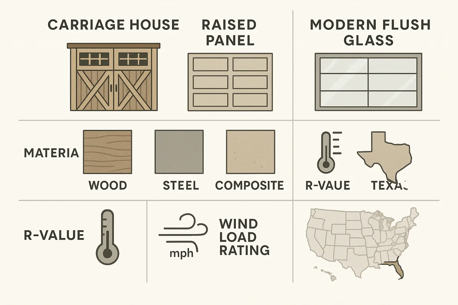 Visual memory aid comparing garage door styles, key material specs, and essential technical requirements like R-value and wind-load thresholds critical for HOA compliance.