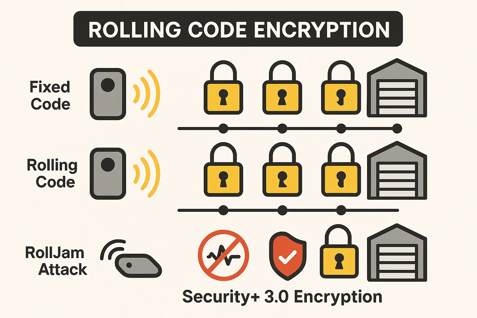 Visual explanation of how rolling code encryption prevents code grabbing attacks like RollJam, and why Security+ 3.0's advanced encryption offers stronger protection against digital hacking.