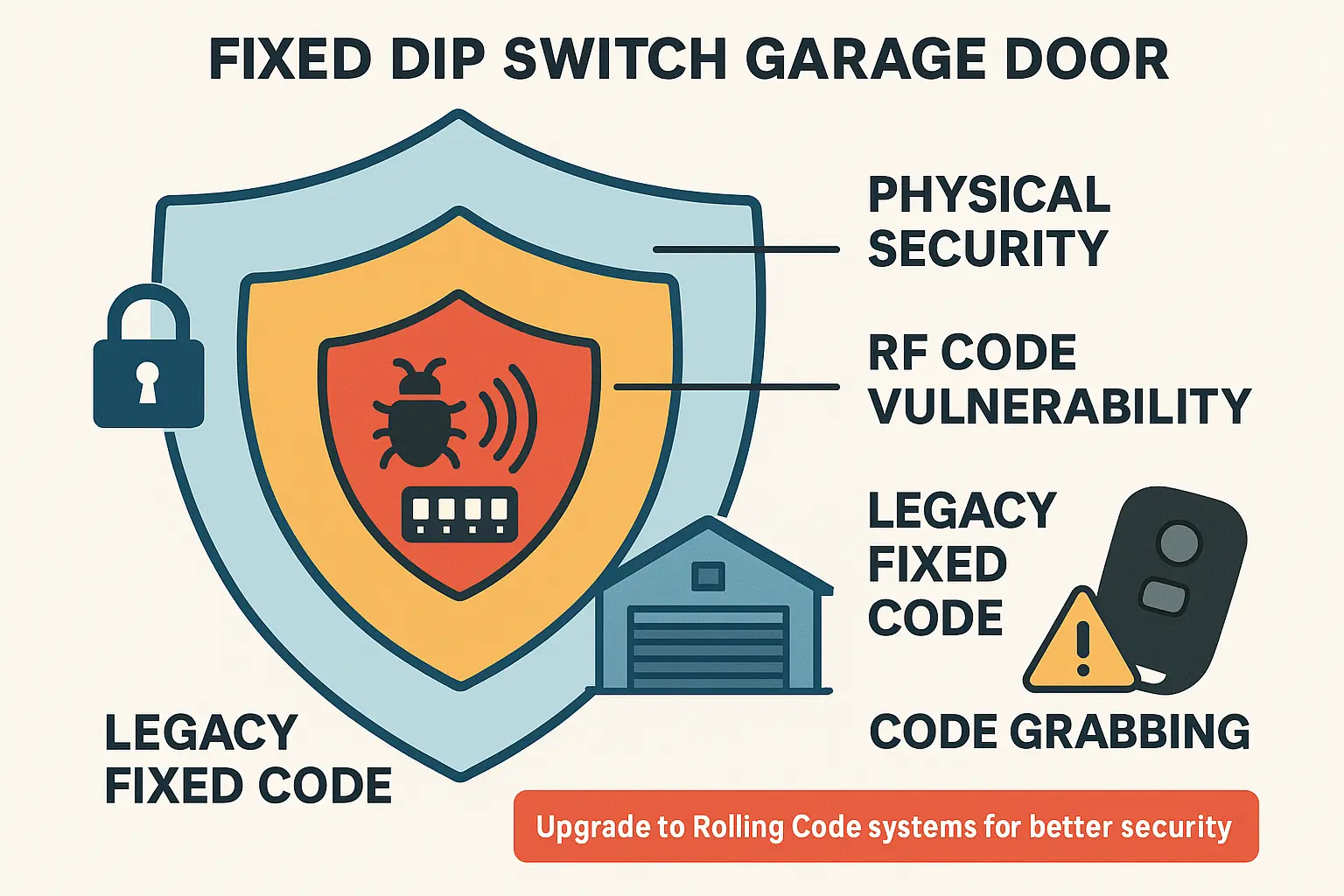 Legacy dip switch systems with fixed codes are vulnerable to interception ('code grabbing'). Upgrading to rolling code remotes enhances security by constantly changing codes.