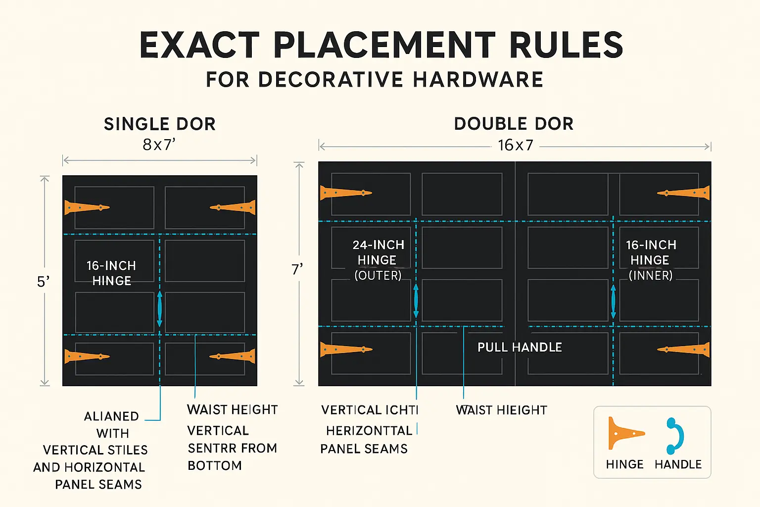 This placement blueprint guides users step-by-step on where to position faux hinges and pull handles on black carriage doors to achieve authentic carriage styling while preserving door function and visual balance.
