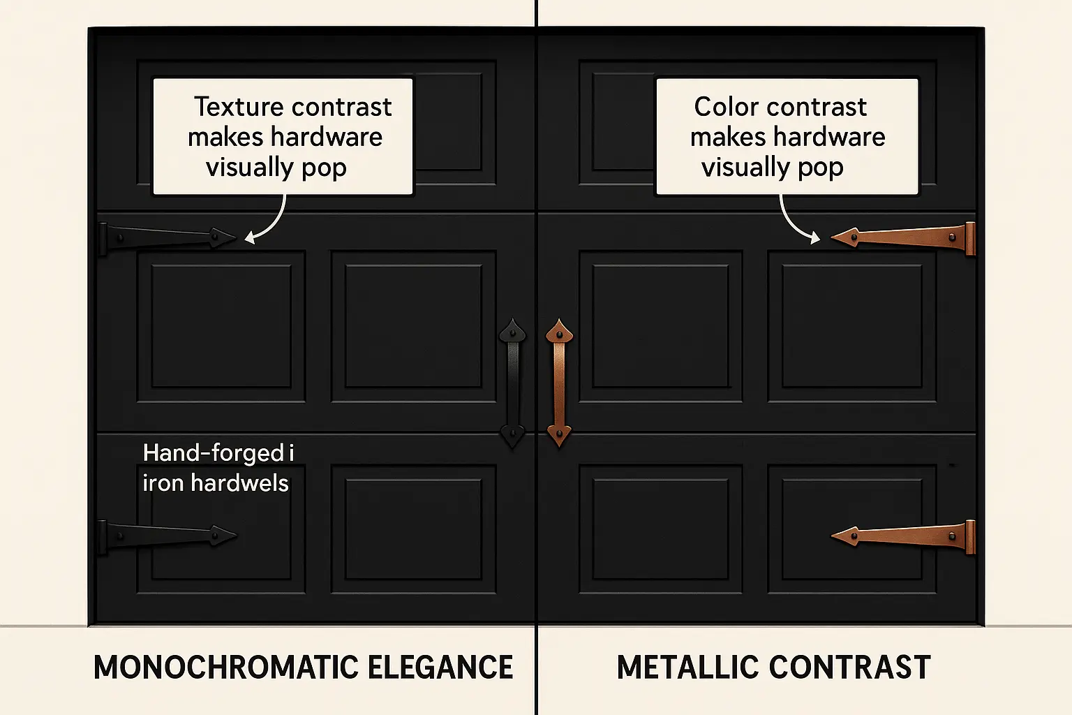 This visualization clarifies the design choice between monochromatic matte black iron hardware that uses texture and shadow for impact, and warm metallic finishes like Oil Rubbed Bronze and Antique Copper that provide bold color contrast on black carriage doors.