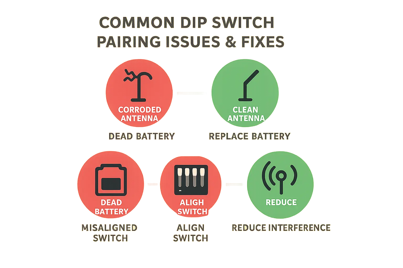 Memorable visual guide to quickly identify and fix common dip switch garage door remote pairing problems, enhancing troubleshooting confidence.