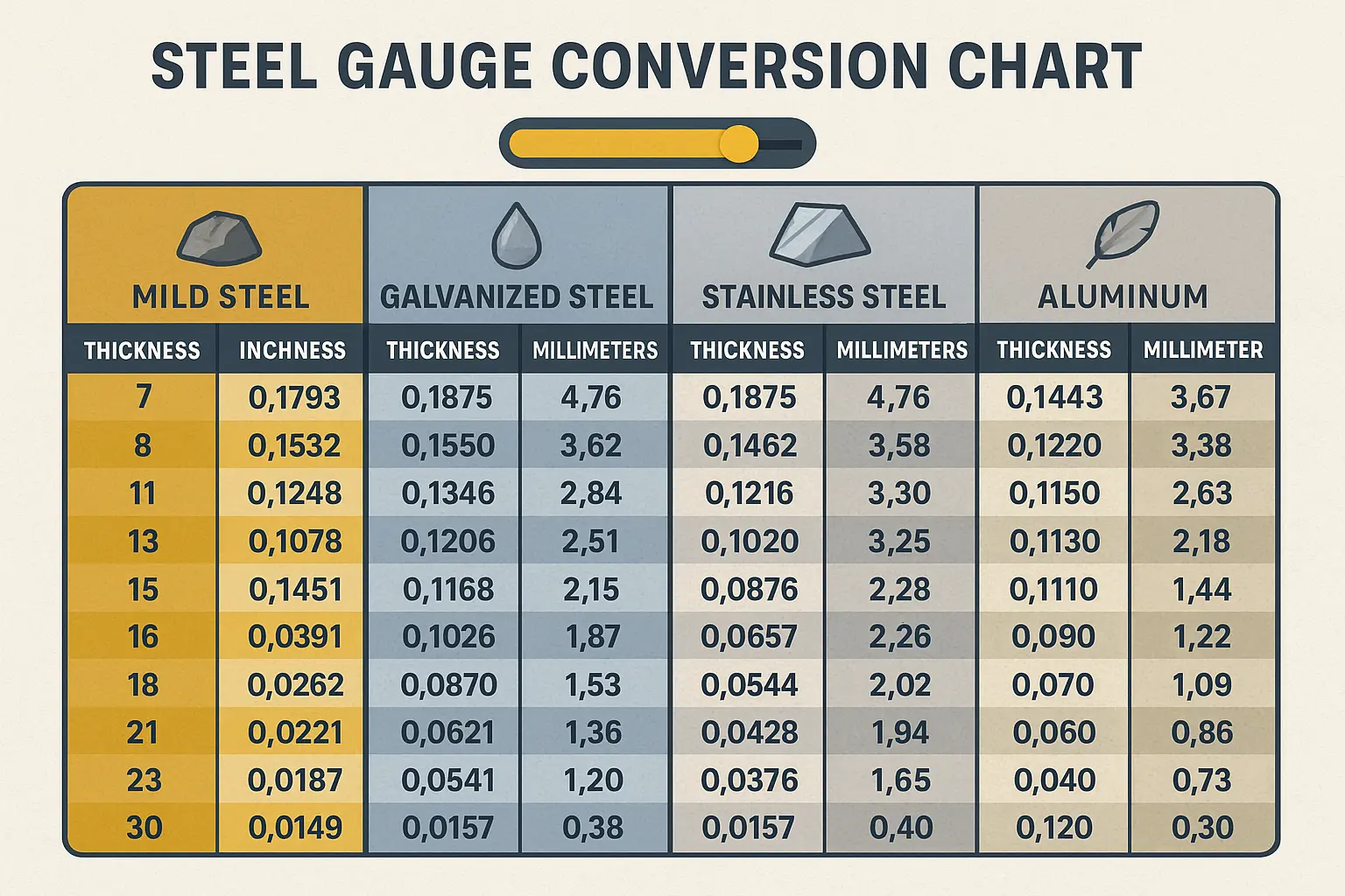 Master Steel Gauge Conversion Chart: Compare thicknesses from gauge 7 to 30 across common metals. Understand how gauge values translate differently depending on material type.