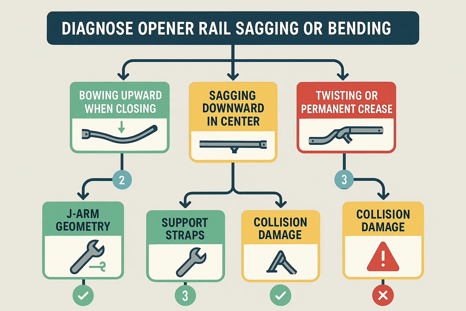 This diagnostic flowchart helps users categorize their opener rail issue quickly, enabling targeted repair or replacement decisions based on root causes.