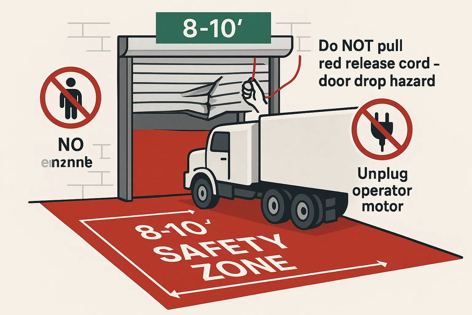 Establish a Safety Zone immediately after a commercial door is hit. Avoid pulling the emergency release cord to prevent a dangerous door drop. Unplug the electrical operator to reduce risk. This visual helps clarify critical first 15-minute emergency actions.