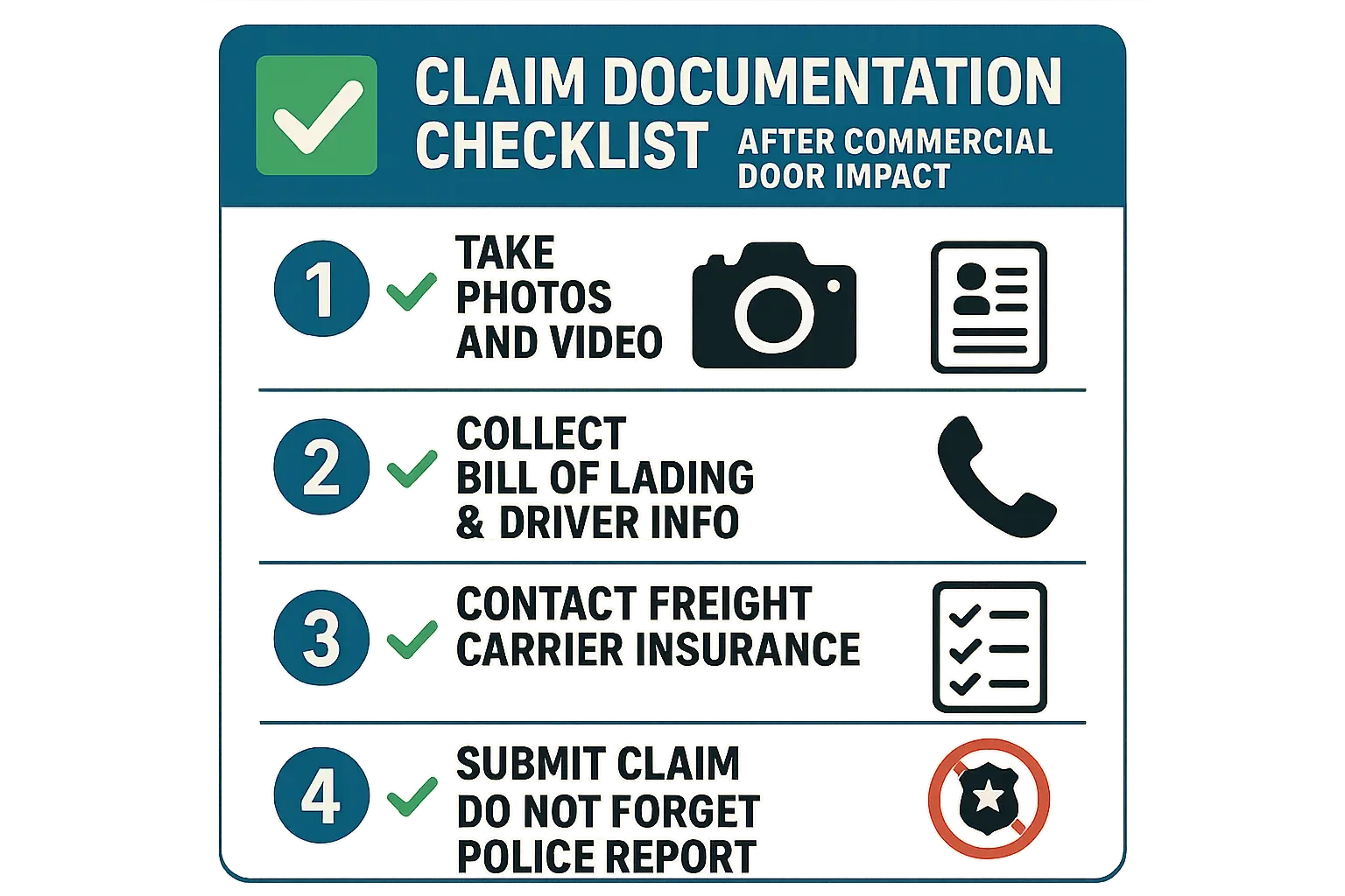Follow this step-by-step documentation workflow to ensure your commercial door damage claim is processed successfully with trucking company insurance. Remember to capture all critical evidence right after the incident.