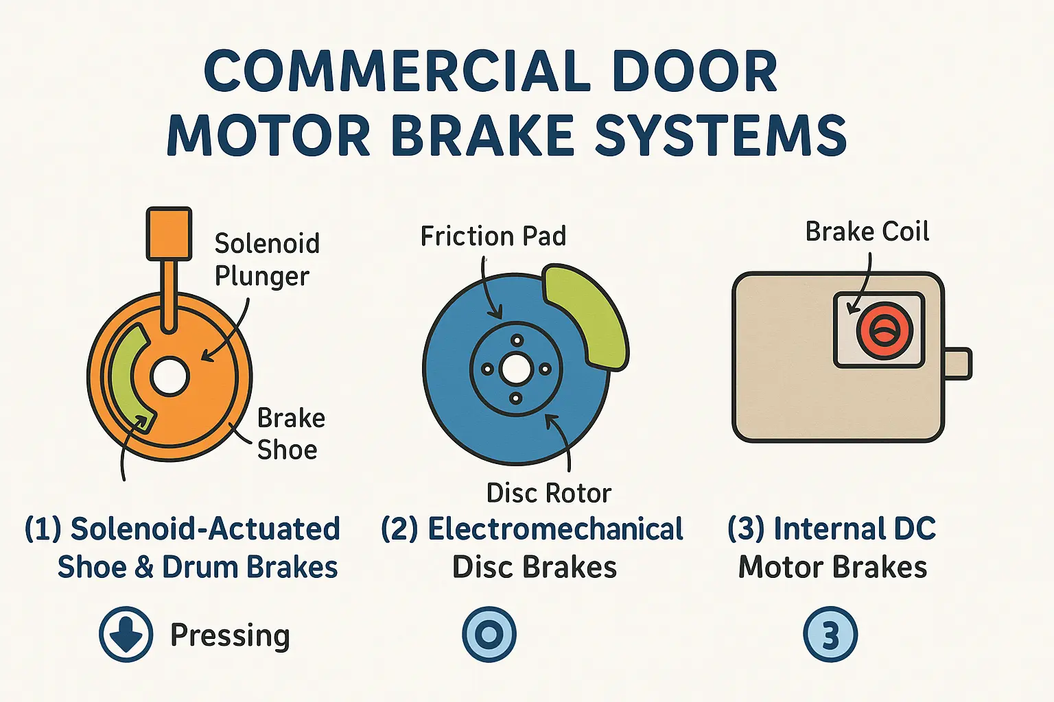 Understanding the distinct mechanical brake types in commercial door motors helps differentiate solenoid shoe brakes from disc and internal motor brakes, clarifying their unique adjustment needs.