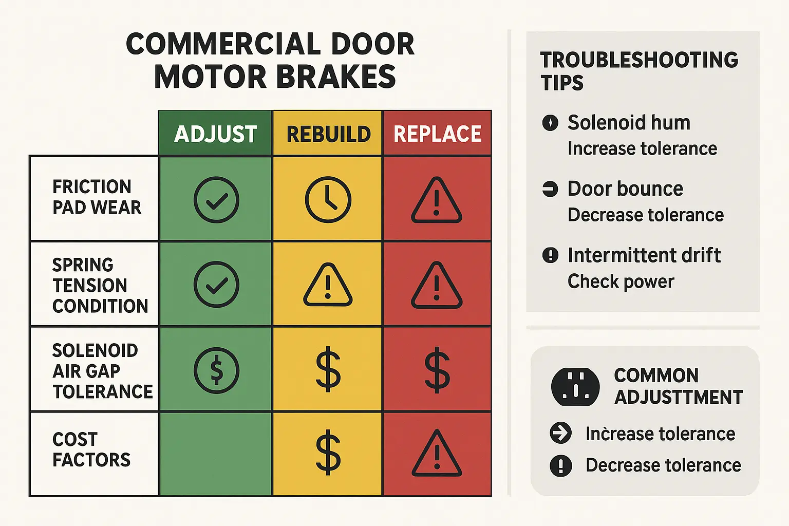This decision matrix helps commercial door technicians quickly determine the best maintenance action—adjusting, rebuilding, or replacing brakes—based on technical condition and cost considerations.