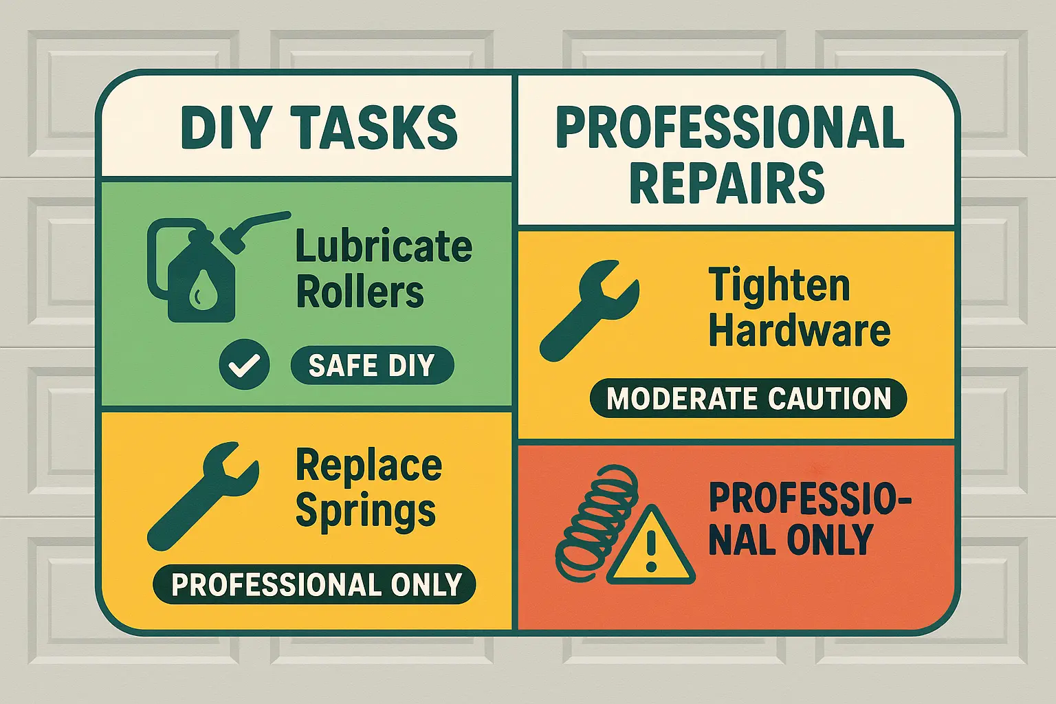 This decision matrix visually anchors when it's safe to troubleshoot your garage door yourself and when to call a professional, aiding confident and safe maintenance choices.
