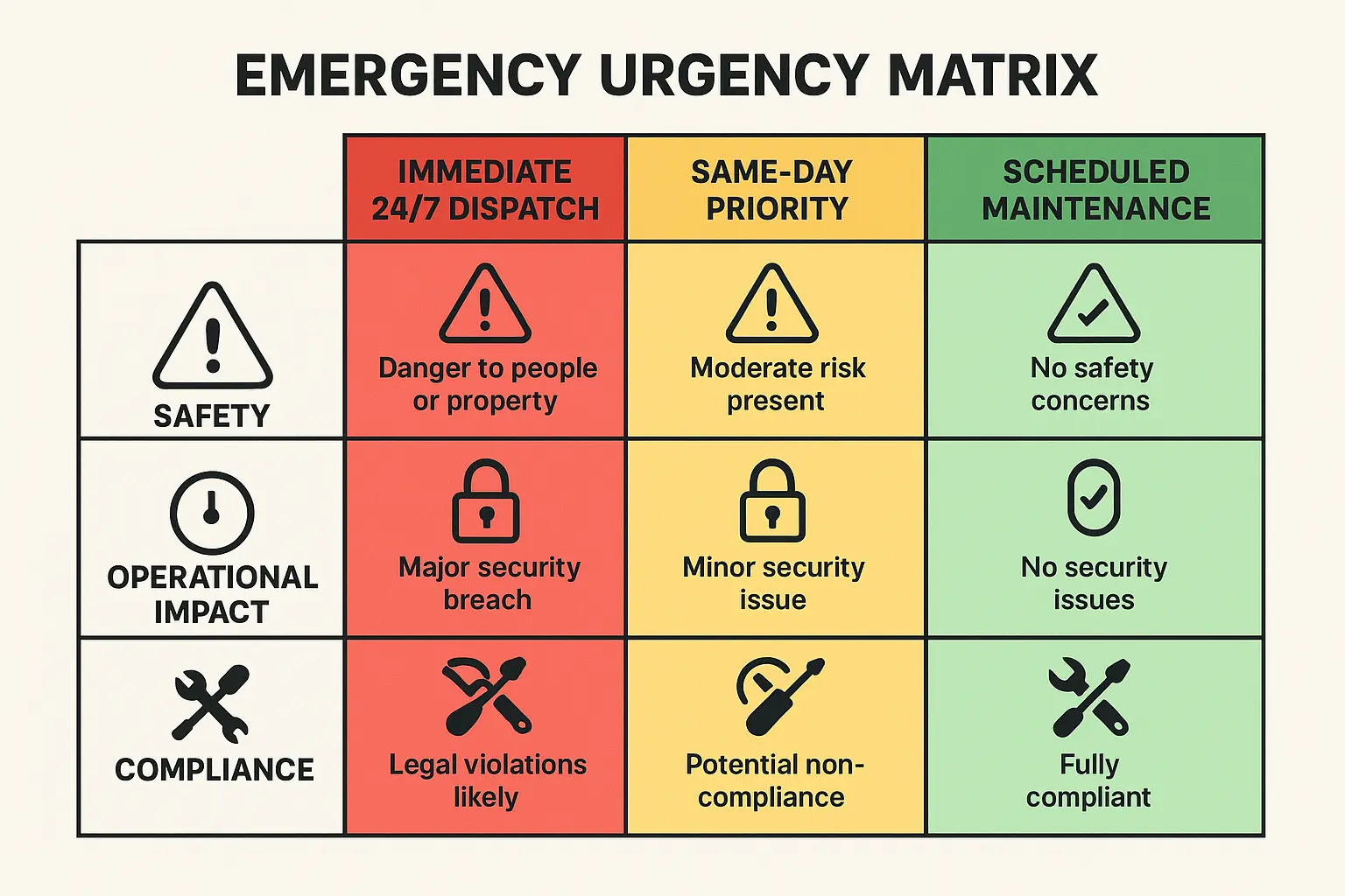 This Emergency Urgency Matrix visually categorizes commercial garage door issues by severity—immediate, priority, or routine—helping managers quickly decide if emergency service is justified based on safety, security, operational continuity, and compliance factors.