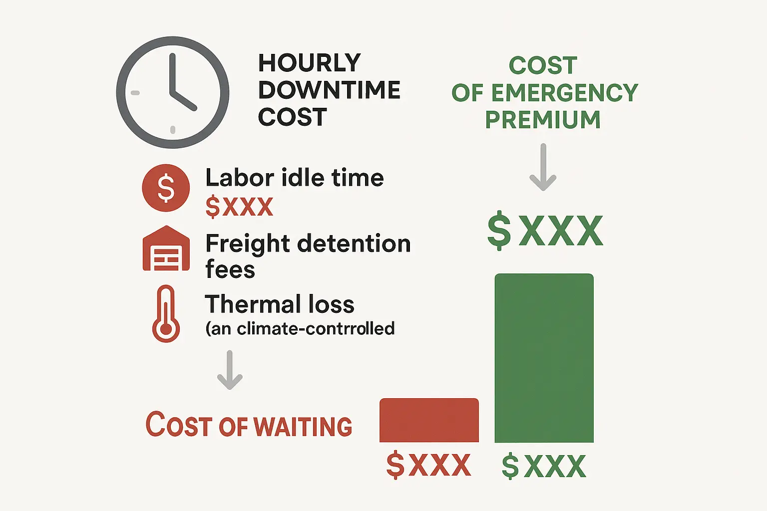 This financial comparison infographic breaks down the operational downtime losses versus the emergency dispatch premium, empowering facility managers to justify immediate repairs through clear cost-benefit visualization.